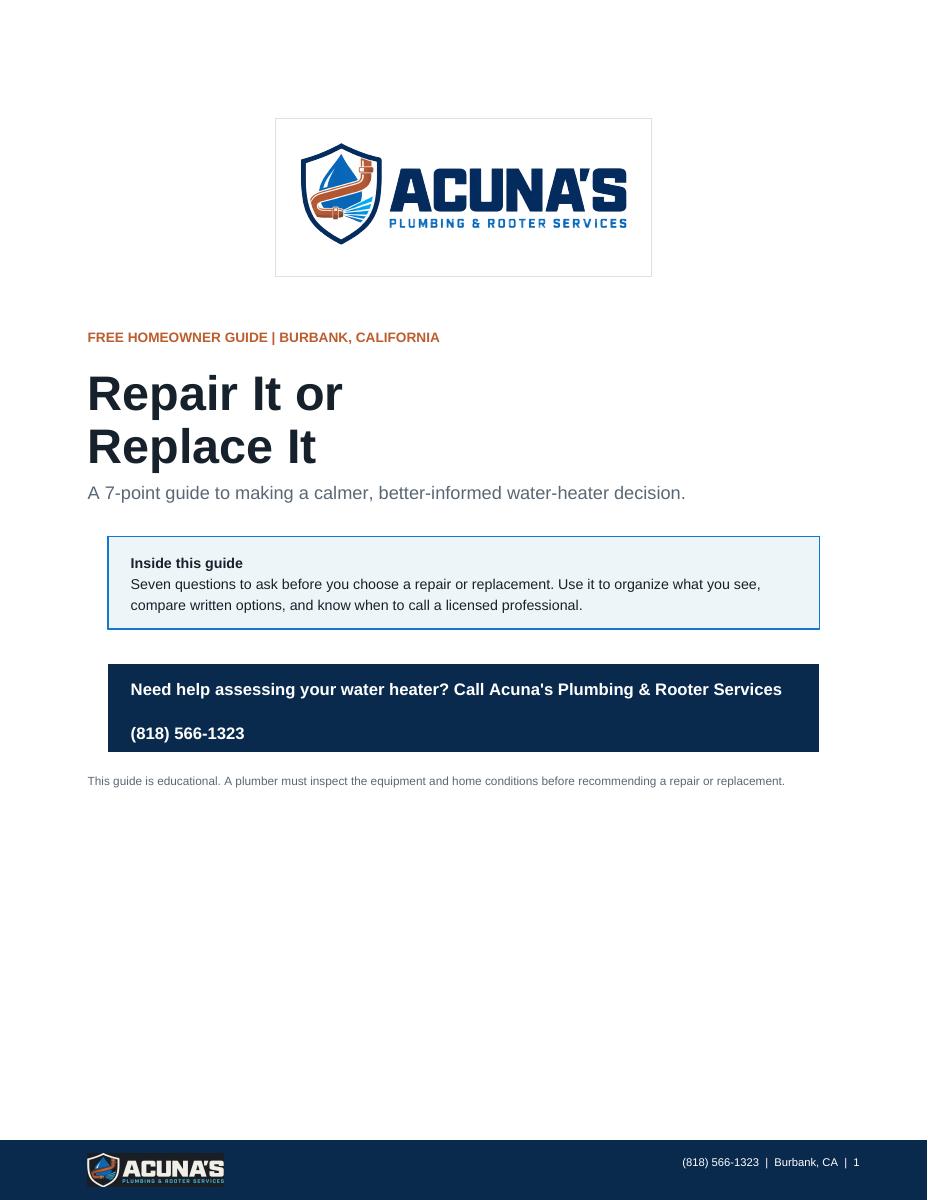 Cover of the Acuna's Plumbing & Rooter Water Heater Repair or Replace Guide